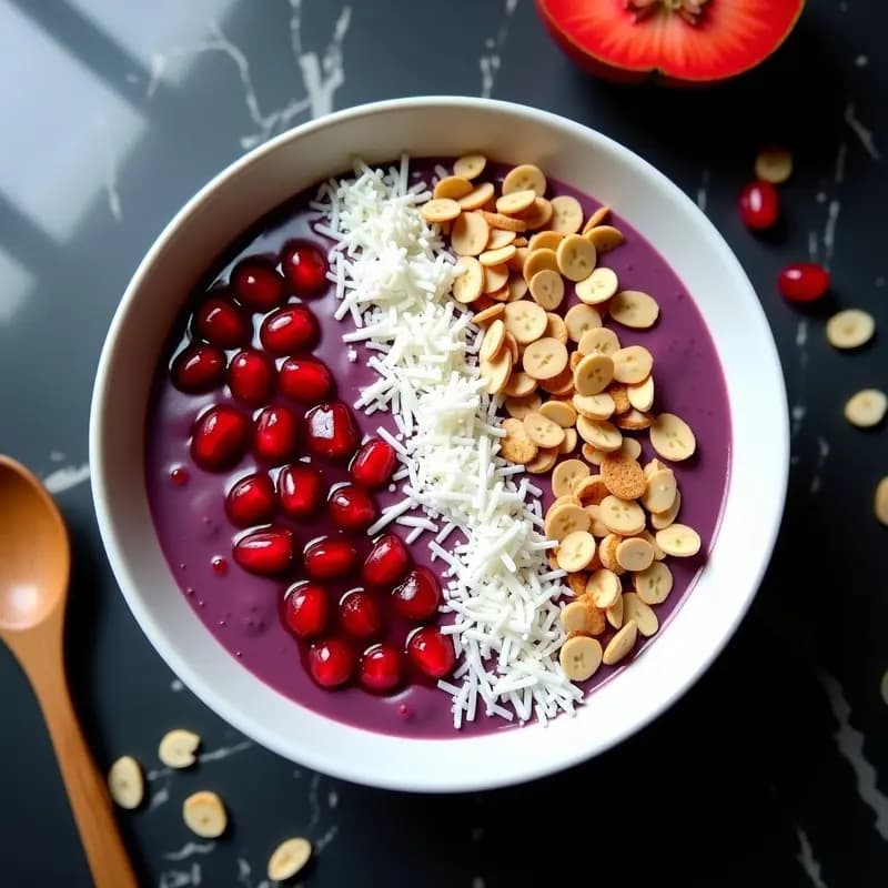 Smoothie Bowl de Açaí y Granada con toppings crujientes en un bol blanco: base morada espesa coronada con semillas de granada rojas, copos de avena, almendras fileteadas, coco rallado y un hilo de miel dorada. Presentación fotogénica con colores vibrantes y texturas contrastadas.