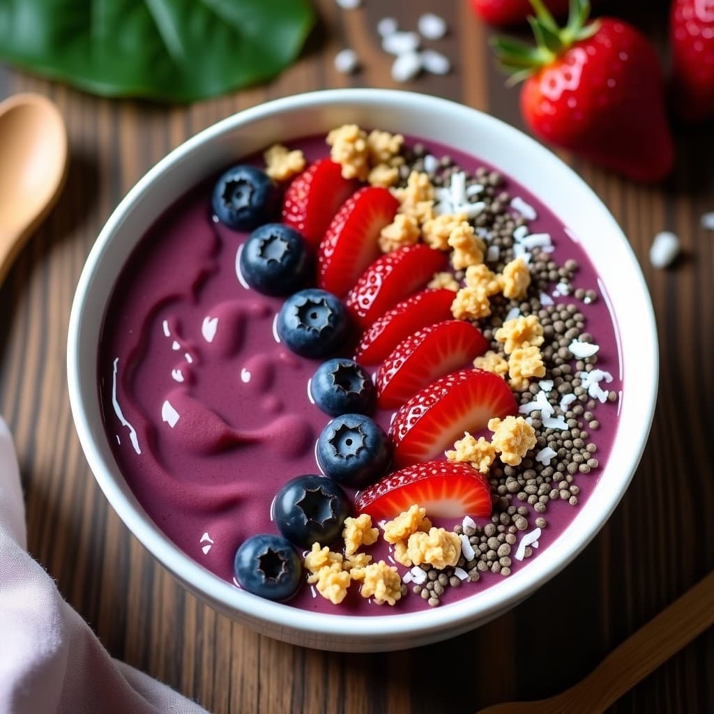 Smoothie bowl de açaí y granola servido en un bol blanco con base morada cremosa, cubierto de granola dorada sin gluten, arándanos frescos, kiwi en cubos, coco rallado y almendras fileteadas, decorado con un hilo de sirope de arce.