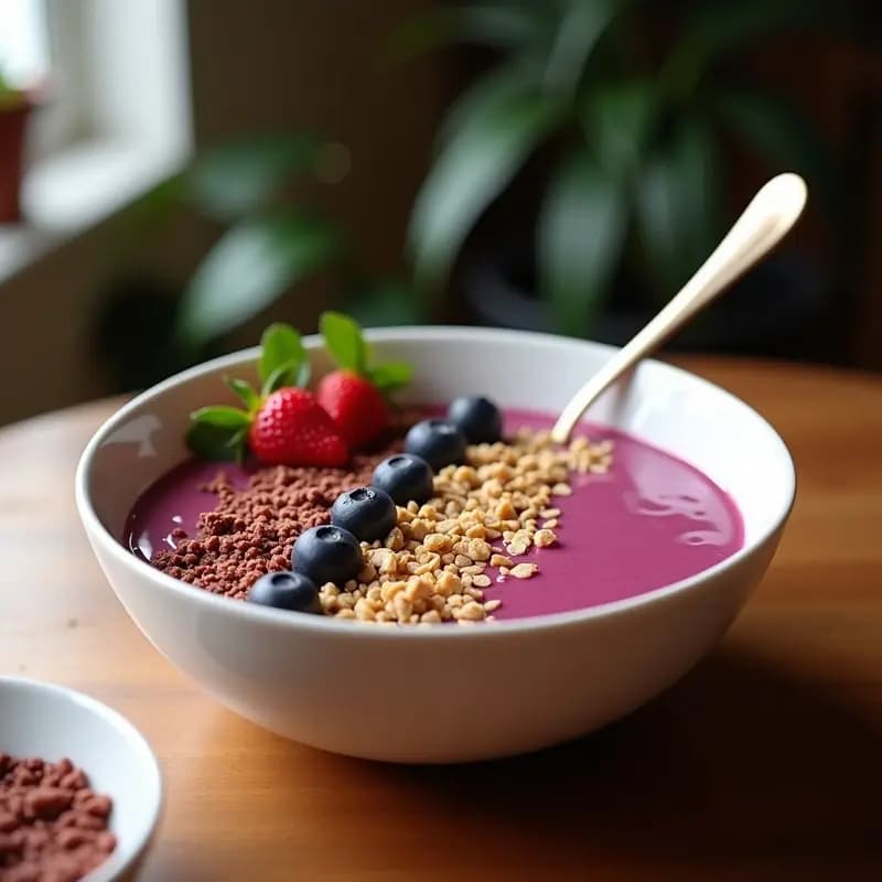 Smoothie bowl de açaí con base morada cremosa, decorado con rodajas de plátano, granola crujiente de almendras, arándanos frescos, coco rallado y pépitas de cacao. Desayuno brasilero rico en antioxidantes servido en un bol blanco sobre fondo de madera.