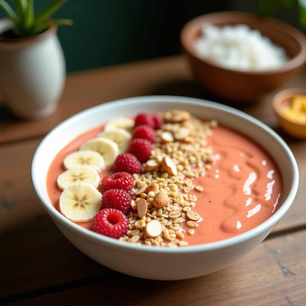 Smoothie bowl de acerola, banana y semillas de lino en un bowl de cerámica blanca, decorado con granola, coco rallado y almendras fileteadas, sobre una mesa de madera con fondo desenfocado.
