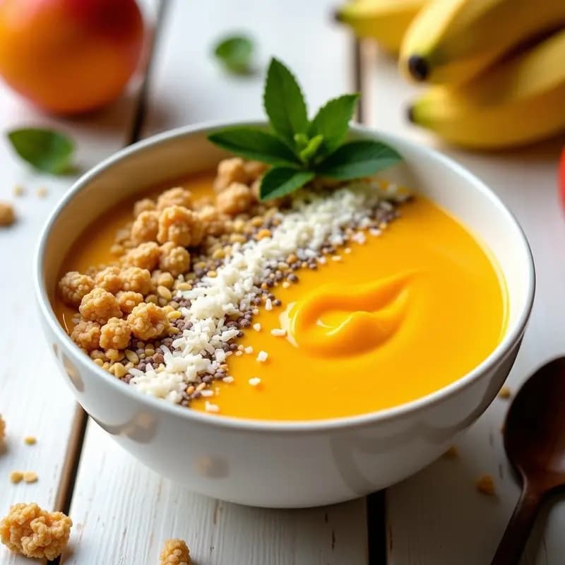Smoothie bowl colorido en bol de cerámica blanco con base cremosa de acerola y mango, decorado con quinoa inflada, granola, coco rallado y hojas de menta.