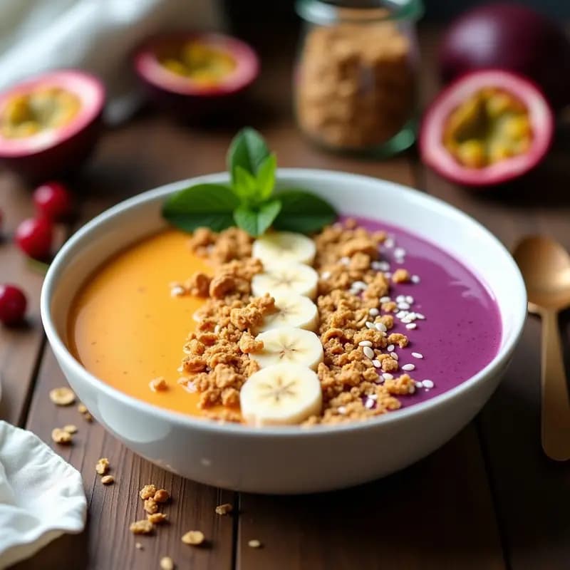 Bowl de vidrio transparente con smoothie bowl espeso de color naranja intenso, coronado con pulpa de maracuyá fresca, rodajas de acerola y granola crujiente. Fondo con hojas de palma y semillas de chía esparcidas.