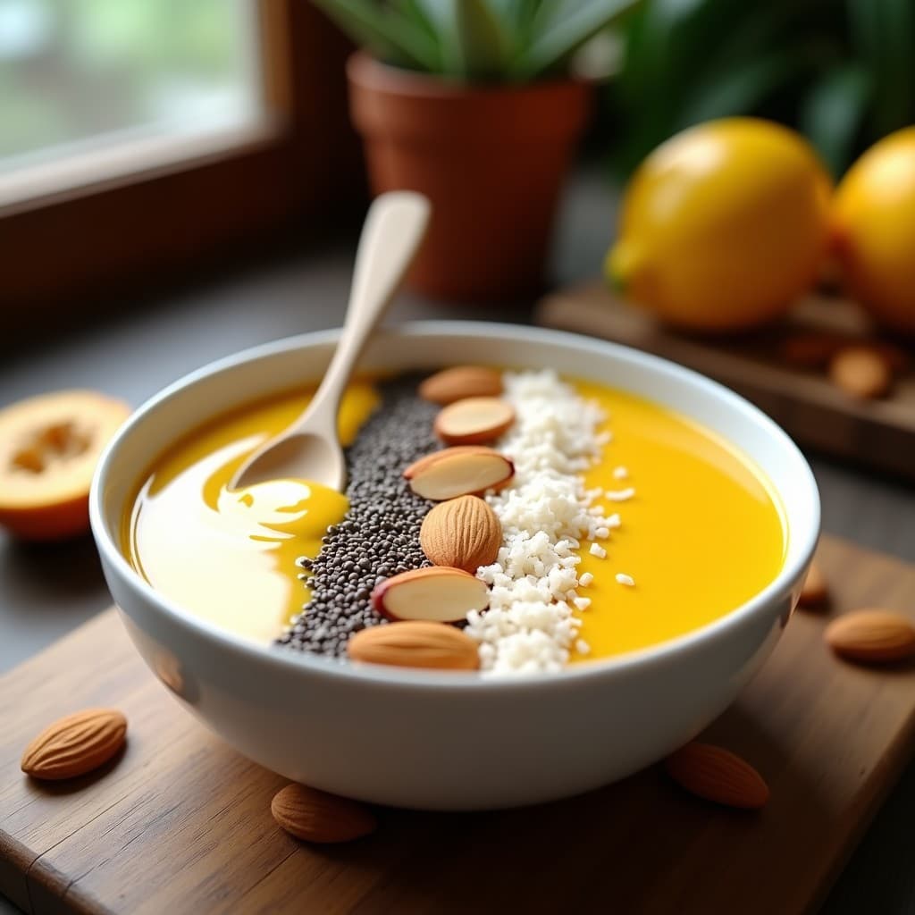 Smoothie Bowl de Acerola y Maracuyá en un bol blanco hondo, con base cremosa amarilla y toppings de semillas de chía, almendras fileteadas y coco rallado, servido con cuchara de madera sobre fondo rústico.