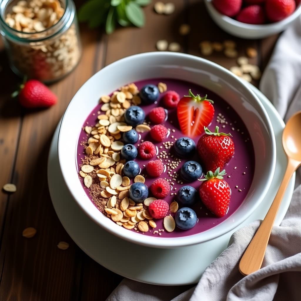 Smoothie Bowl de Avena y Frutos Rojos con Granola Casera servido en un bol blanco hondo, con capas de smoothie cremoso de color morado, granola dorada crujiente, frutos rojos frescos y un toque de canela espolvoreada. Desayuno alto en fibra y nutritivo.