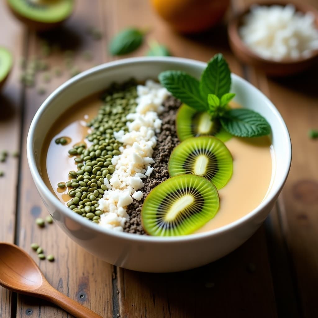 Smoothie Bowl de Baobab y Plátano con Semillas de Moringa en un bol de cerámica blanca, decorado con rodajas de kiwi, coco rallado y semillas de moringa, sobre un fondo de madera rústica con hojas de menta fresca.