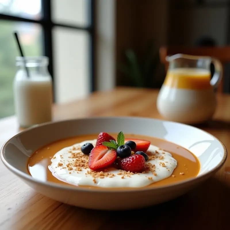 Smoothie bowl de café probiótico en bol blanco con textura cremosa, decorado con avena, semillas de chía, almendras, granola y cacao en polvo, sobre fondo de madera rústica.