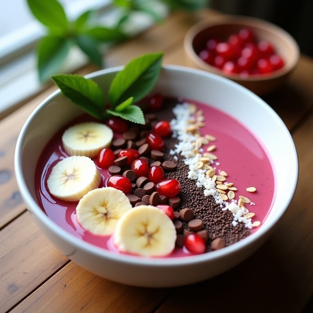Smoothie bowl cremoso de color rosa pálido en bol blanco, con toppings de cacao nibs, coco rallado, granada y avena. Fondo rústico con hojas de menta y rodajas de banana.
