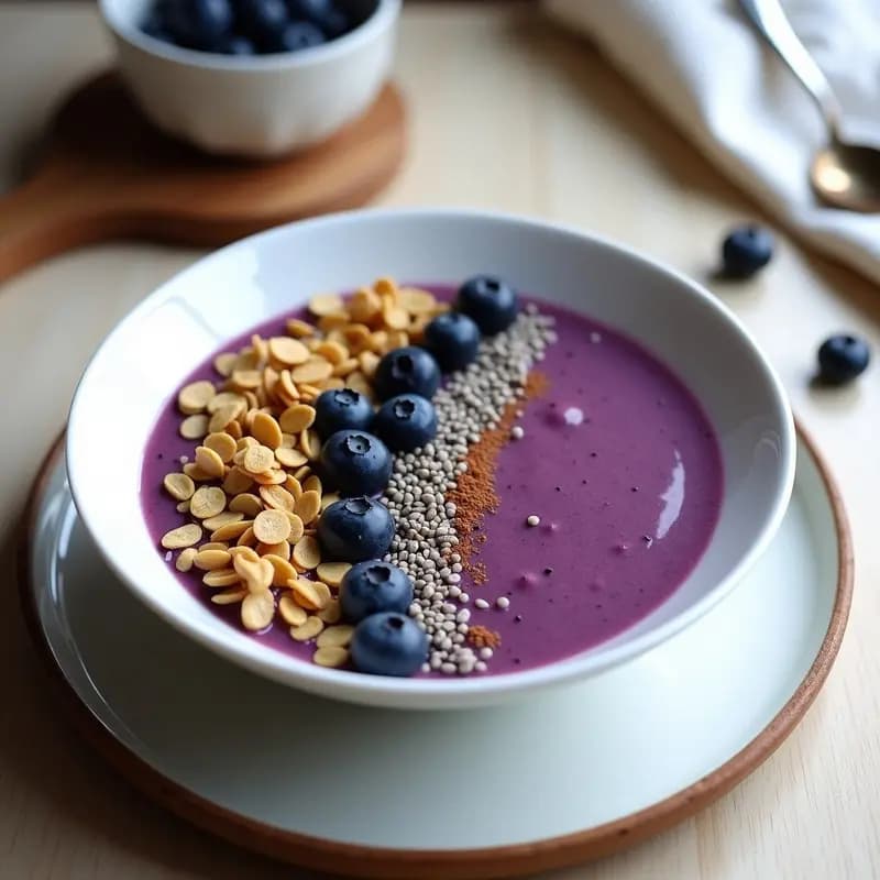 Bol de cerámica blanco con smoothie bowl de coliflor y arándanos, decorado con granola de semillas de amapola, arándanos frescos y semillas de chía. Fondo claro con ingredientes dispersos.
