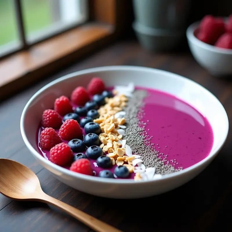 Smoothie Bowl de Dragón con base rosa vibrante de pitaya y espirulina, decorado con granola, semillas de chía, coco rallado, arándanos, frambuesas y polvo de luna comestible plateado que brilla bajo la luz. Presentado en un bol blanco sobre fondo oscuro, con cuchara de madera.