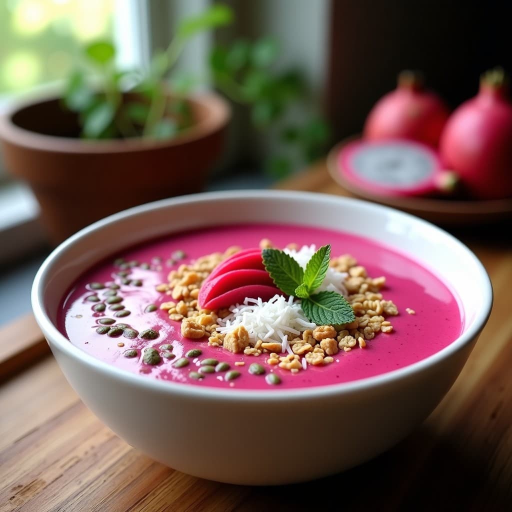 Smoothie Bowl de Dragon Fruit y Chía en un tazón blanco con toppings de granola, coco rallado, pepitas de calabaza y hojas de hierba buena. El bowl tiene un color rosa vibrante con detalles cremosos, decorado con rodajas de dragon fruit y un toque de canela espolvoreada.