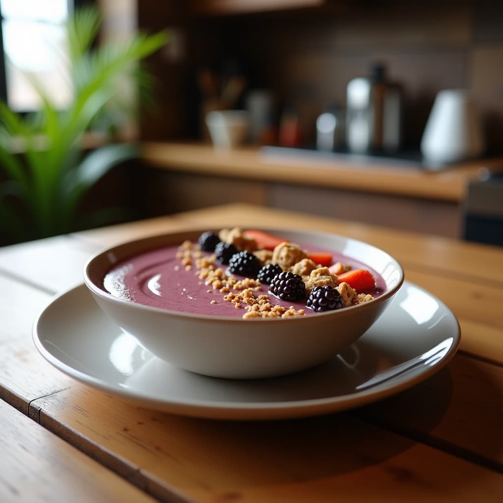 Smoothie Bowl de Dragon Fruit y granola de cacao en un bol blanco sobre fondo de madera, con capas rosadas cremosas, granola oscura crujiente, frutos rojos y coco rallado, desayuno exótico y energético.