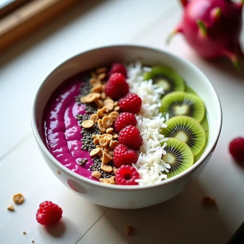 Smoothie bowl de pitaya y kiwi en un bol blanco, decorado con granola, semillas de chía, coco rallado y frutos rojos, con un fondo de madera clara.