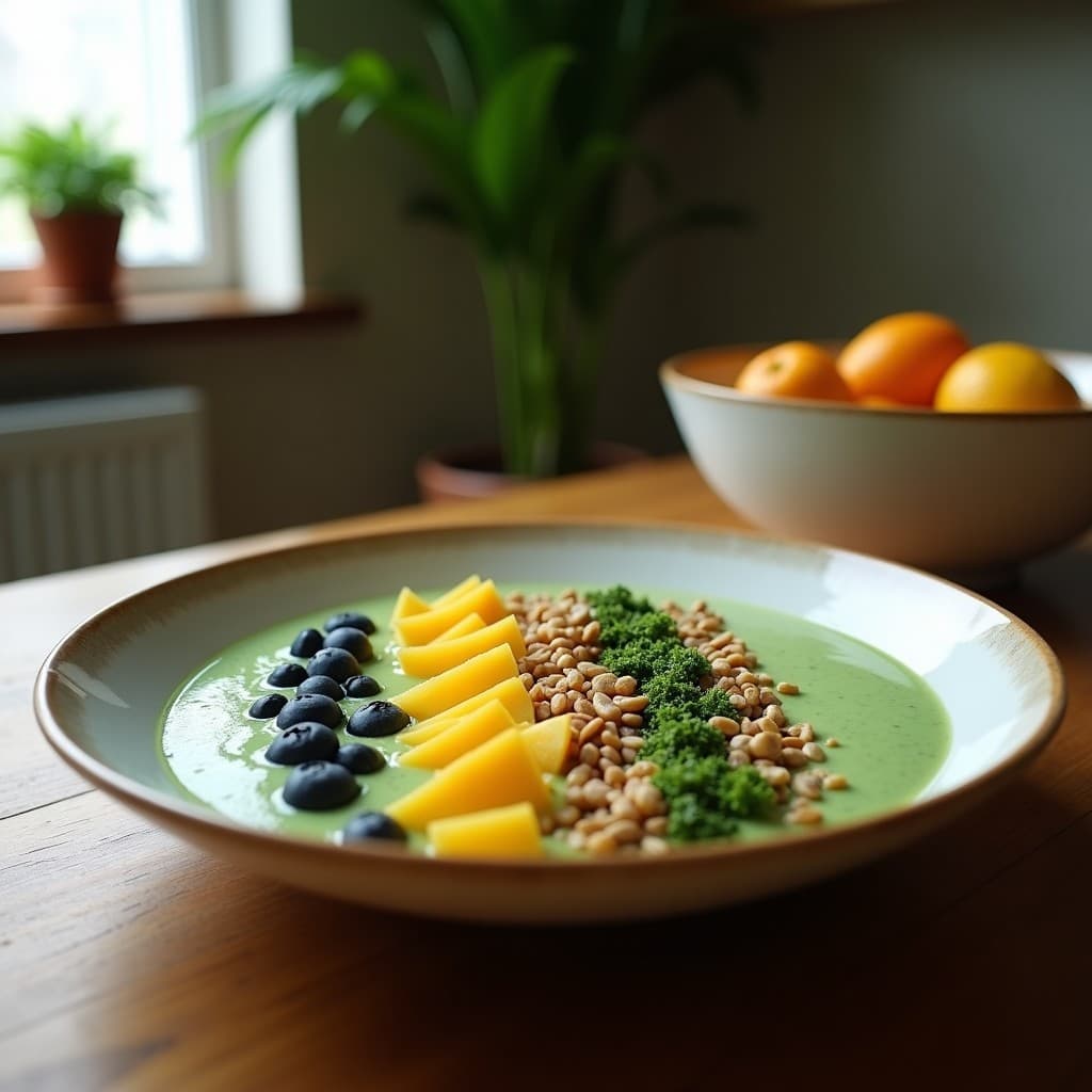 Smoothie bowl de espirulina y coco en un bol blanco, decorado con coco rallado, granos de granada y almendras fileteadas, con un fondo de hojas verdes y luz natural.