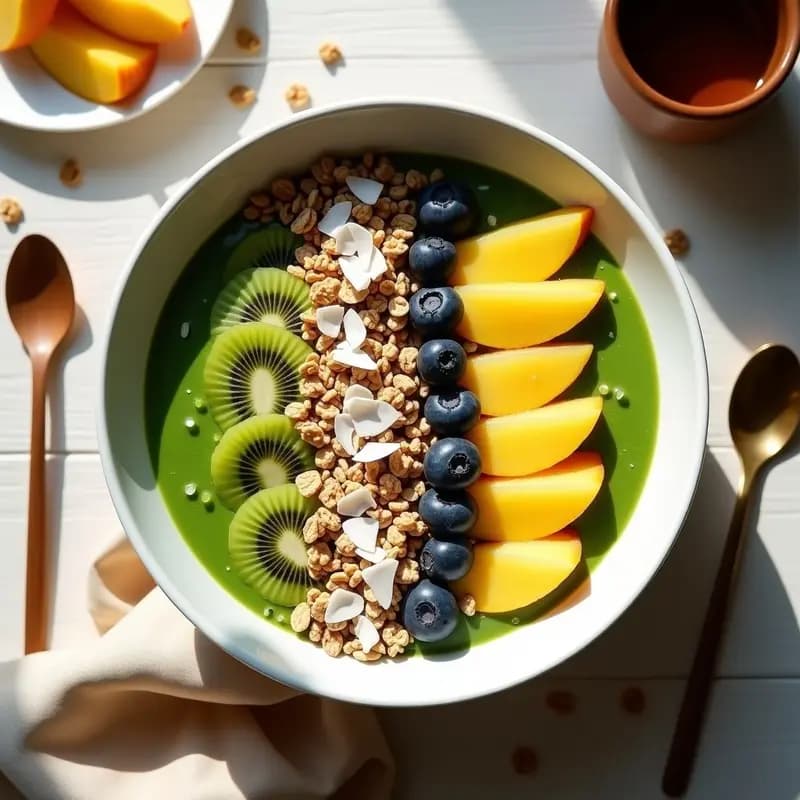 Smoothie Bowl de Espirulina en bol blanco con base verde esmeralda, decorado con rodajas de kiwi, arándanos, trozos de mango y piña, granola de quinoa crujiente y coco rallado. Estilo tropical, vibrante y perfecto para redes sociales.