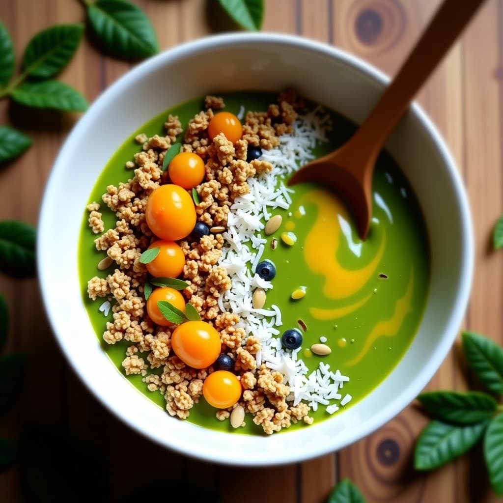 Smoothie bowl vegano en un bowl de cerámica blanca, con base cremosa de color verde azulado por la espirulina y amarillo por el maracuyá, decorado con granola dorada, semillas de calabaza, girasol y coco rallado. Fondos de hojas verdes y cuchara de madera.