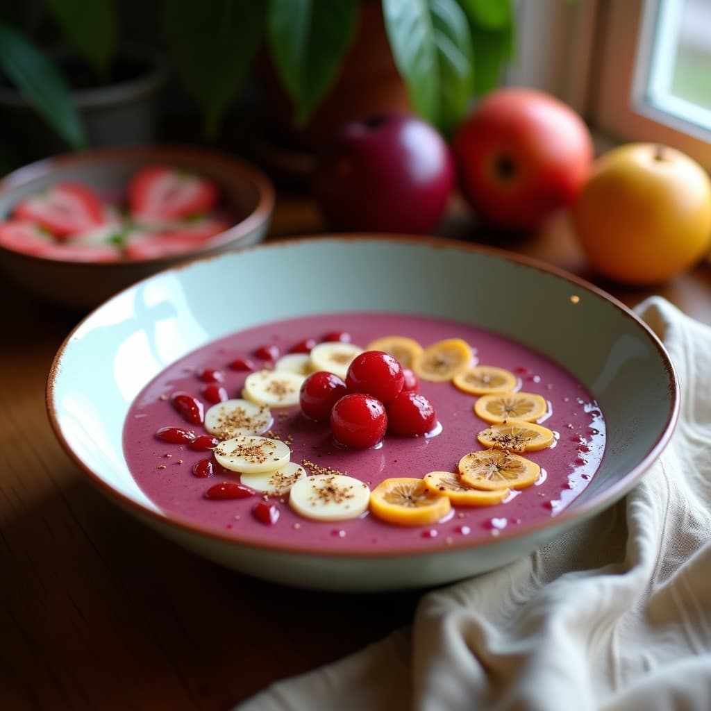 Smoothie bowl de guayaba y kokum en un bol blanco sobre fondo de madera, decorado con copos de coco, almendras fileteadas y arándanos frescos, con un toque de canela espolvoreada.