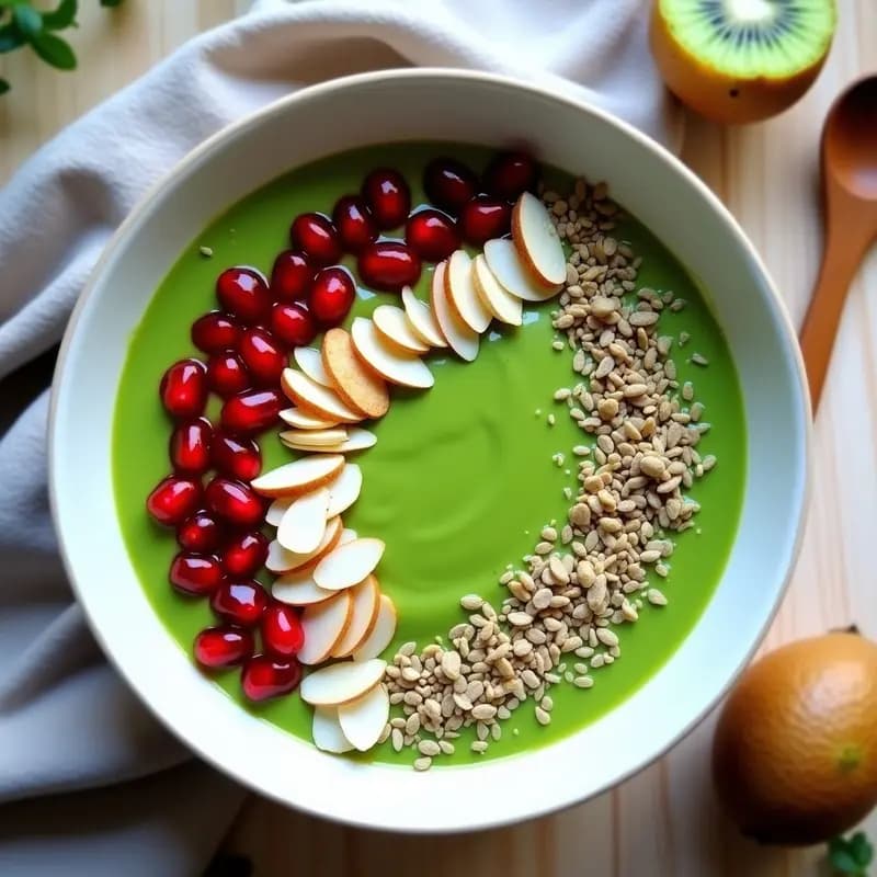 Smoothie bowl de kiwi y espirulina en bol blanco, con base cremosa verde esmeralda, decorado con semillas de cáñamo tostado, coco rallado, granos de granada y almendras fileteadas. Fondo claro con texturas naturales.