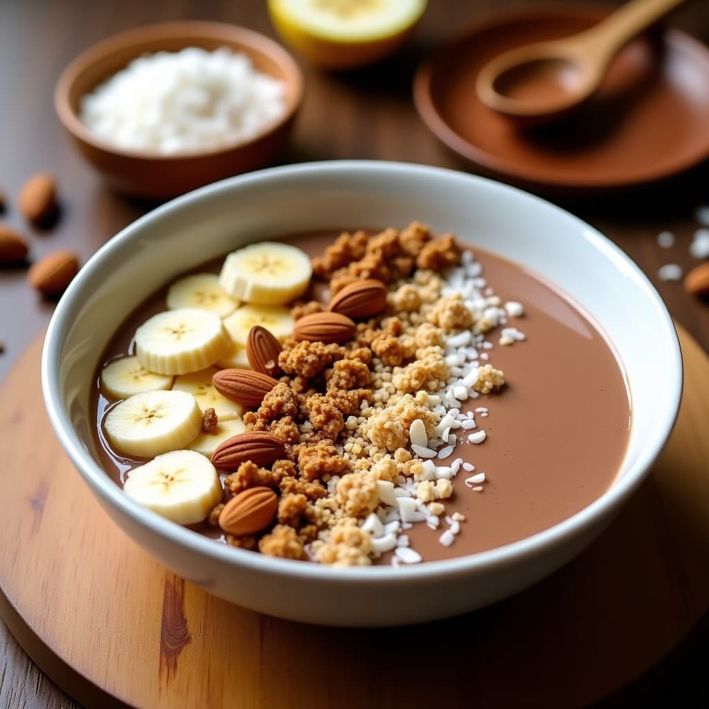 Smoothie bowl de lúcuma y cacao en un bol de barro con granola de quinoa dorada, frutos rojos y coco rallado. Textura cremosa y toppings crujientes, desayuno peruano energético y saludable.