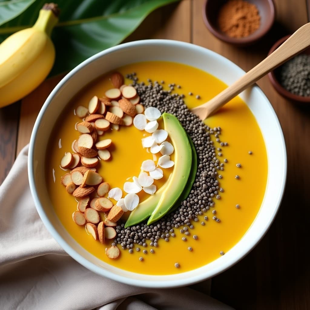 Smoothie Bowl de Lucuma y Cúrcuma en un bol de cerámica blanca, con base dorada cremosa, decorado con mantequilla de maní en espiral, coco rallado, almendras fileteadas, semillas de cáñamo y cubos de aguacate. Fondo con hojas de plátano y una cuchara de madera.