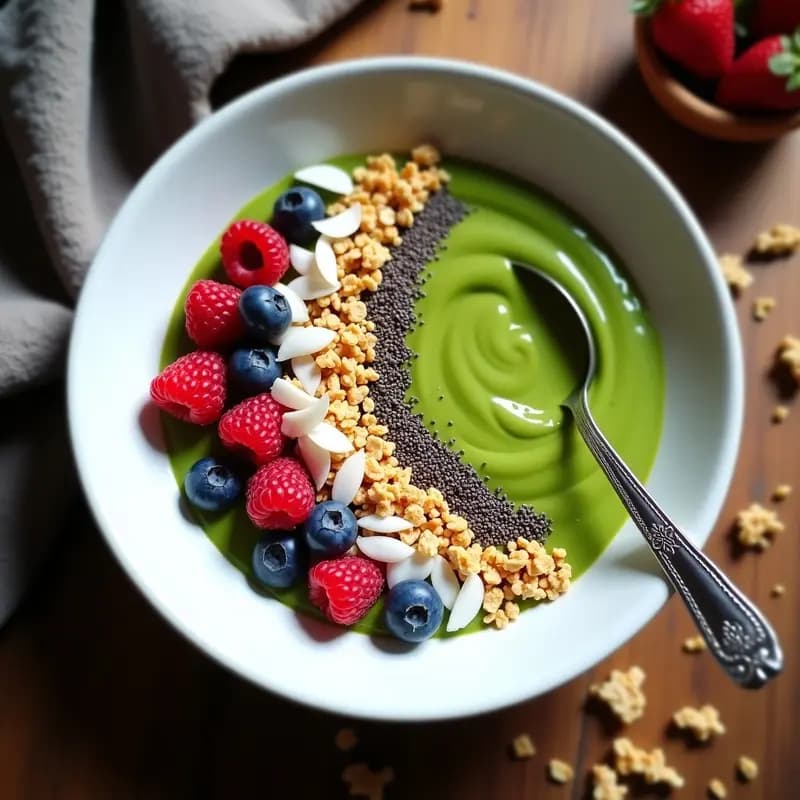 Smoothie Bowl de Lucuma y Espirulina en bol blanco, con base cremosa de color verde claro, decorado con granola dorada, coco rallado, frutos rojos y semillas de chía, sobre fondo de madera rústica.