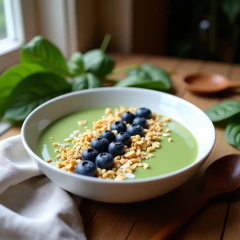 Smoothie bowl cremoso de color verde pálido en un bol de cerámica blanca, decorado con arándanos, granola dorada, coco rallado y un hilo de miel. Fondo con hojas de espinacas y una cuchara de madera.