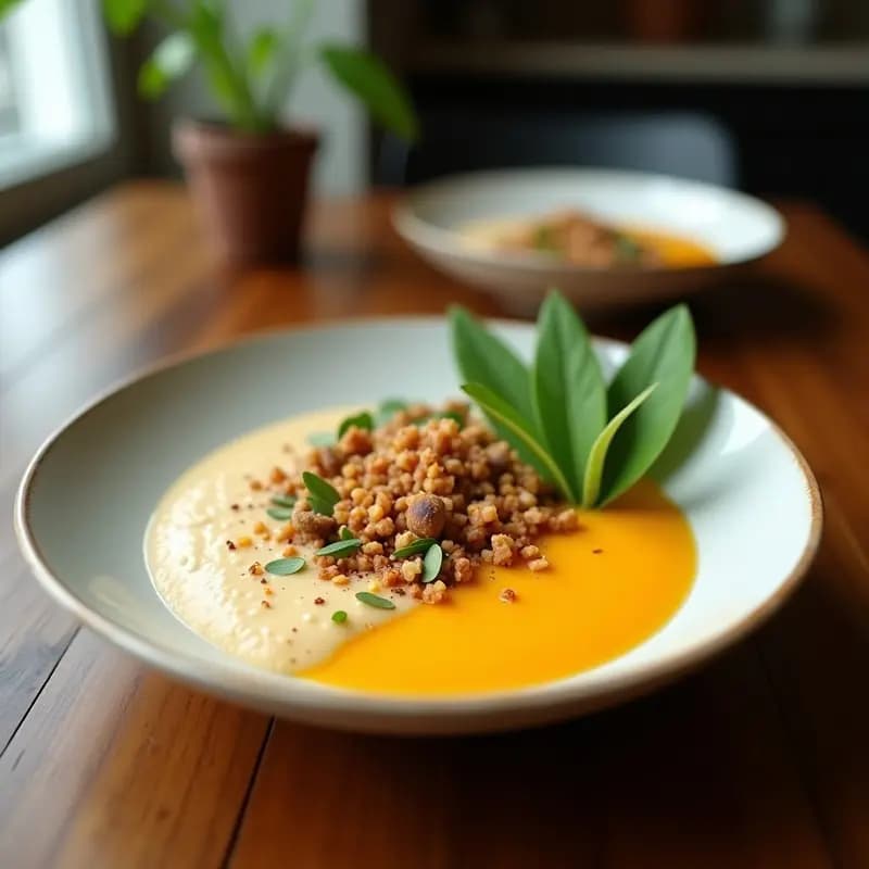 Smoothie bowl tailandés de mango y coco servido en un bol de barro negro, con base cremosa de color amarillo dorado, decorado con copos de coco tostado, cacahuetes triturados, hojas de menta fresca, flores de hibisco rojas y sésamo negro. Fondo rústico con hojas de plátano.