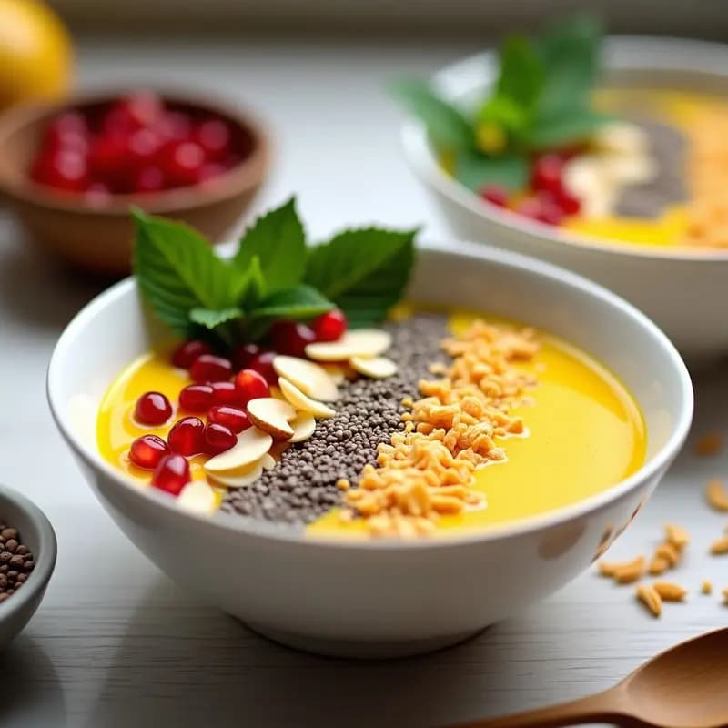 Smoothie bowl de mango y cúrcuma en un bol blanco, decorado con toppings crujientes de coco tostado, almendras, semillas de chía y granos de granada, con un fondo de hojas de menta.