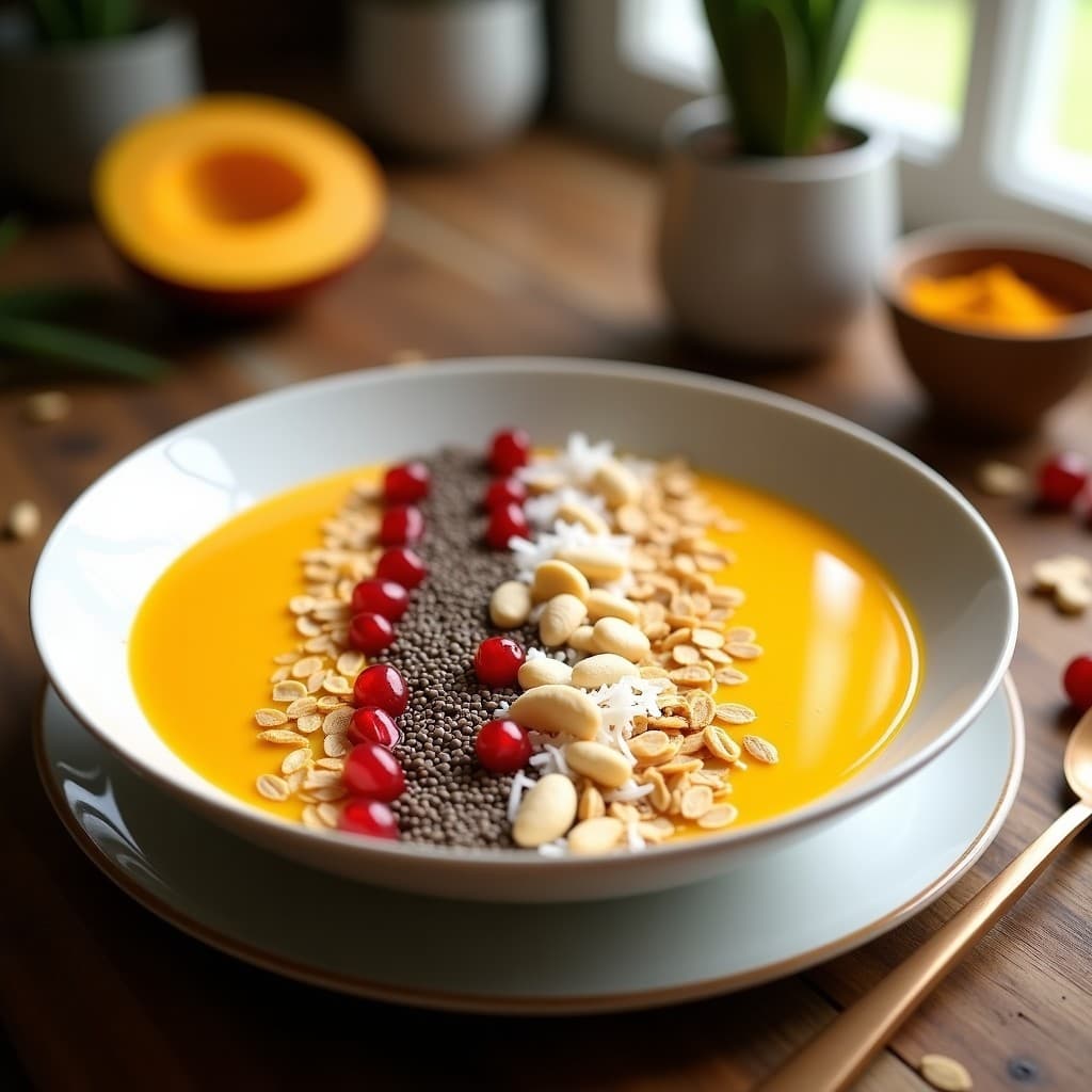 Smoothie bowl de mango y cúrcuma en un bol blanco con toppings de semillas de chía, avena, almendras, coco rallado y granada. Receta antiinflamatoria y vegana.