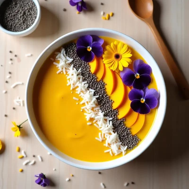 Smoothie bowl vibrante en un bol blanco hondo, con base de color amarillo dorado de mango y cúrcuma, decorado con rodajas de mango en abanico, semillas de chía negras, coco rallado blanco y flores comestibles moradas y amarillas. Fondo claro con texturas de madera.