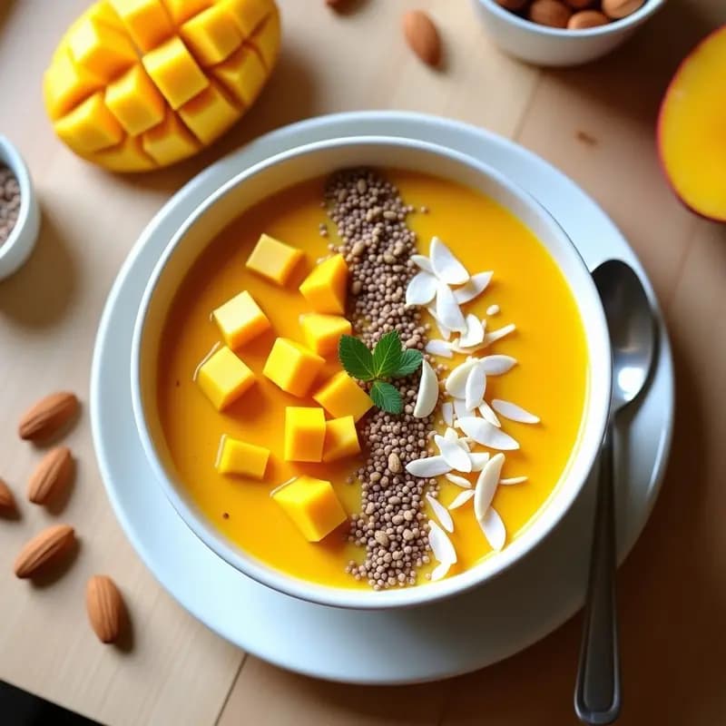 Smoothie bowl vibrante de color dorado-anaranjado en un bol blanco, decorado con trozos de mango fresco, semillas de chía, coco rallado y almendras fileteadas. Receta de smoothie bowl de mango y cúrcuma con proteína.