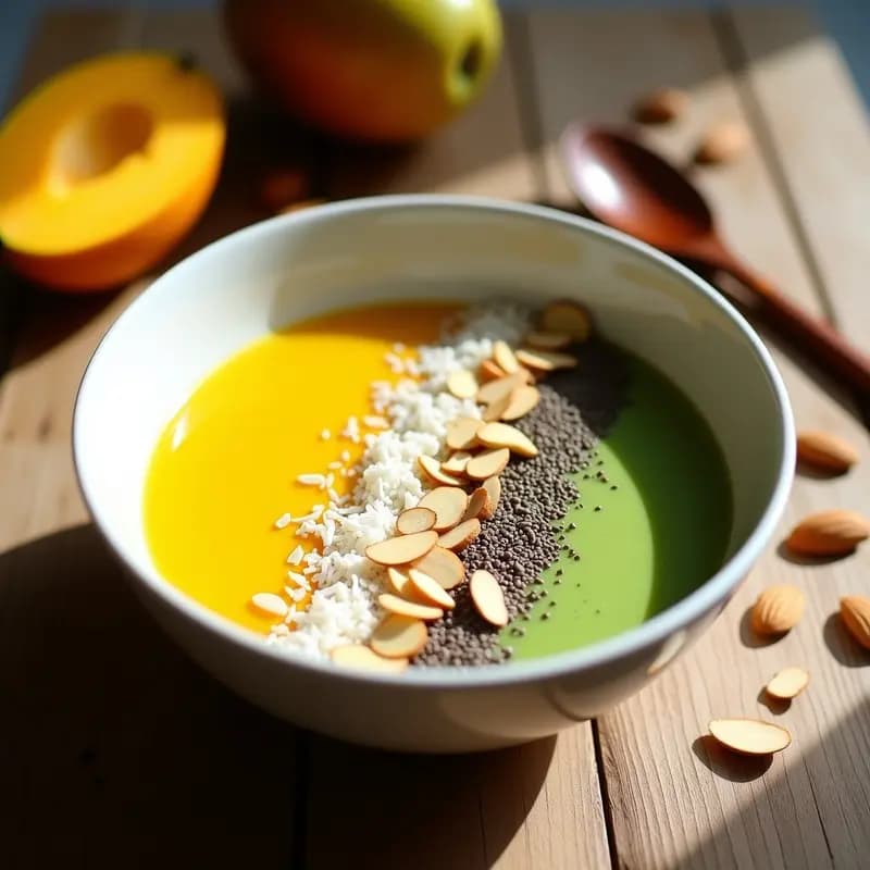 Smoothie bowl vibrante de mango y espirulina en un bol blanco, decorado con copos de avena, semillas de chía, coco rallado y almendras fileteadas sobre una mesa rústica.