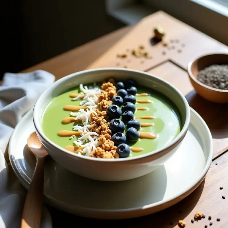 Smoothie bowl de matcha en un bol blanco con base verde cremosa, decorado con granola, arándanos, coco rallado y un hilo de mantequilla de cacahuete.