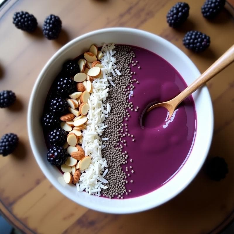 Bol blanco de cerámica con smoothie bowl de color morado intenso, decorado con copos de avena, semillas de chía, almendras fileteadas y coco rallado. Fondo de mesa de madera rústica con una cuchara de madera y moras frescas esparcidas.