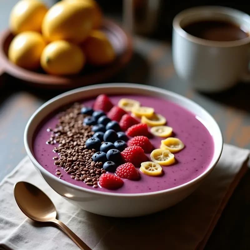 Smoothie bowl morada vibrante en un bol de cerámica blanca, con base cremosa de batata y café, decorado con granola, arándanos, almendras, semillas de chía y cacao en polvo, bajo luz natural.