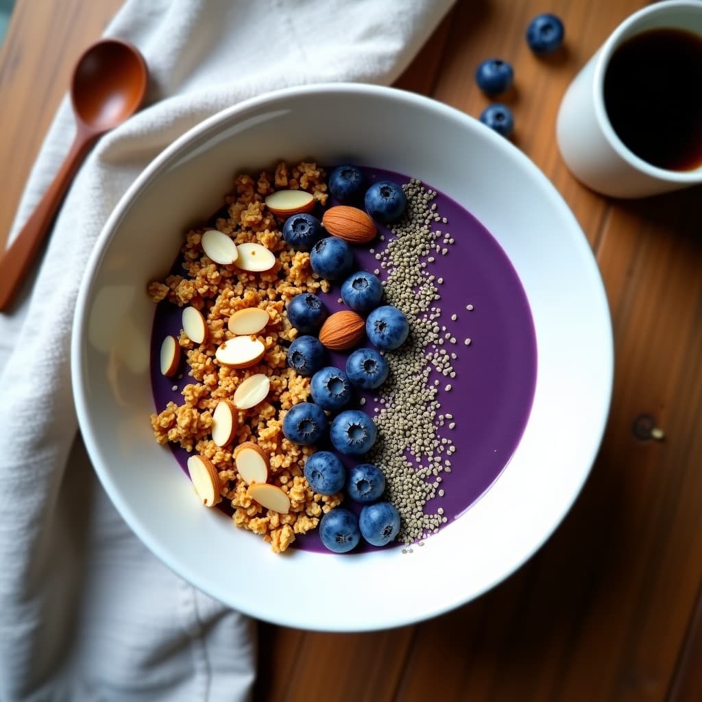 Smoothie Bowl de Moras Azules y Espinacas con Granola de Almendra en un bol blanco, decorado con semillas de chía, almendras fileteadas y moras frescas. Desayuno sin gluten, alto en fibra y colorido.