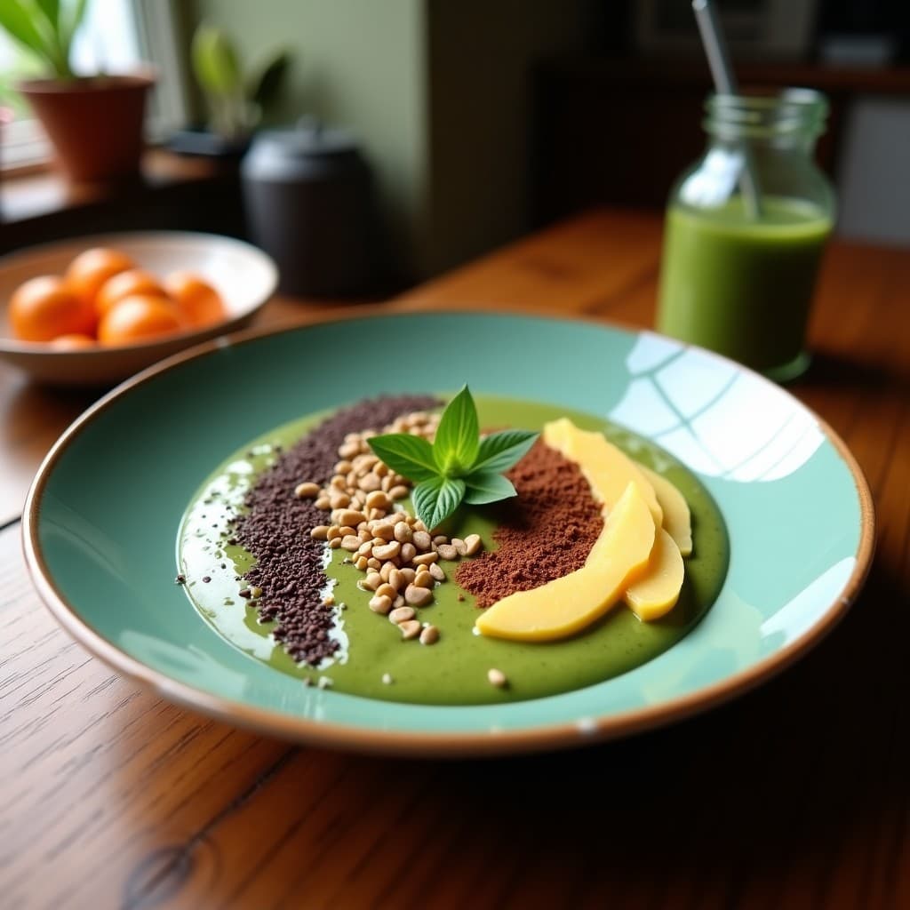 Smoothie bowl de pacay y espirulina en un bowl de cerámica blanca, con base cremosa de color verde claro, decorado con granola de quinua dorada, semillas de sacha inchi, coco rallado y hojas de menta fresca. Desayuno peruano rico en proteínas y hierro.