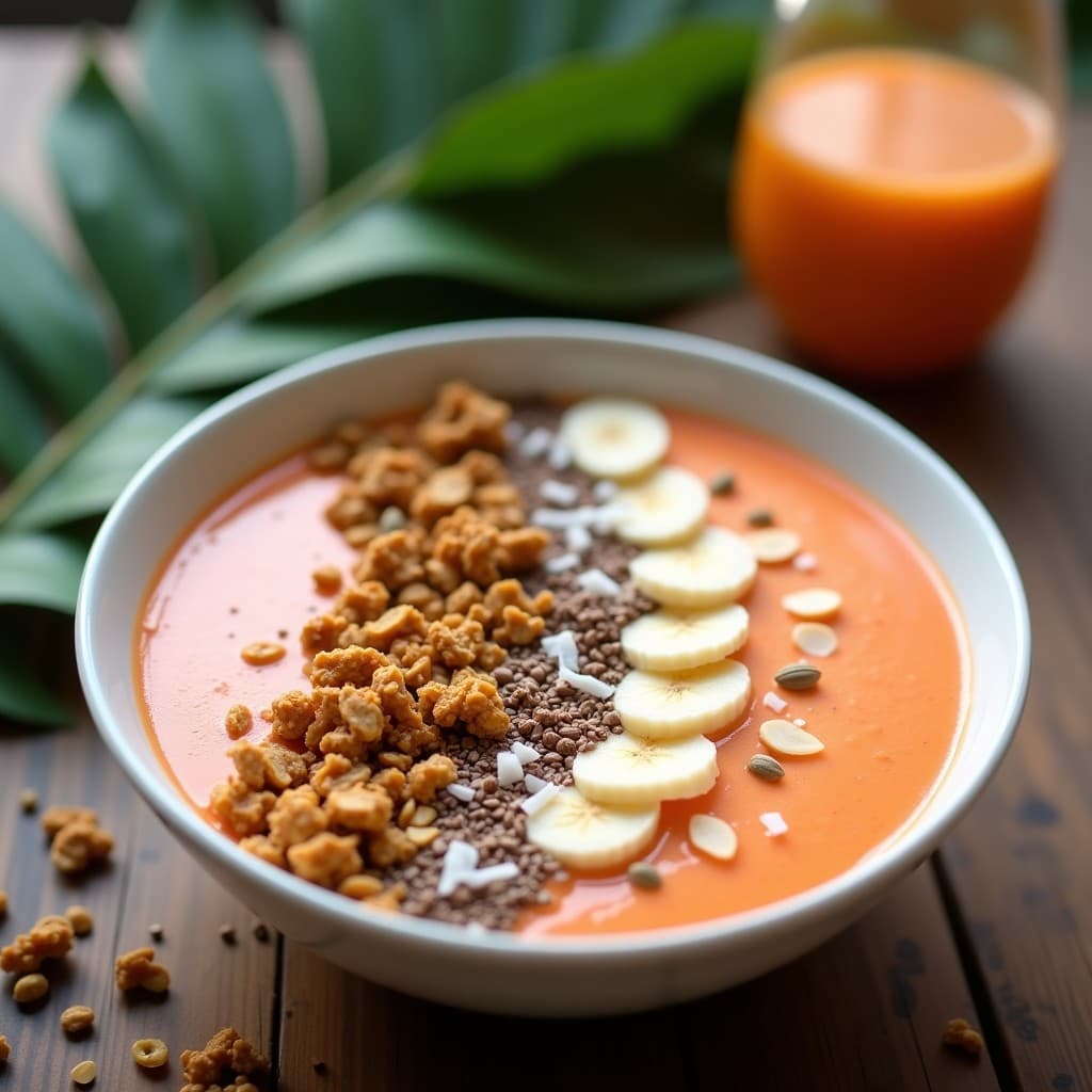 Smoothie bowl de papaya y cáñamo en un bol blanco hondo, con granola de cacao dorada, semillas de cáñamo y coco rallado por encima. Fondos de hojas tropicales y luz natural.