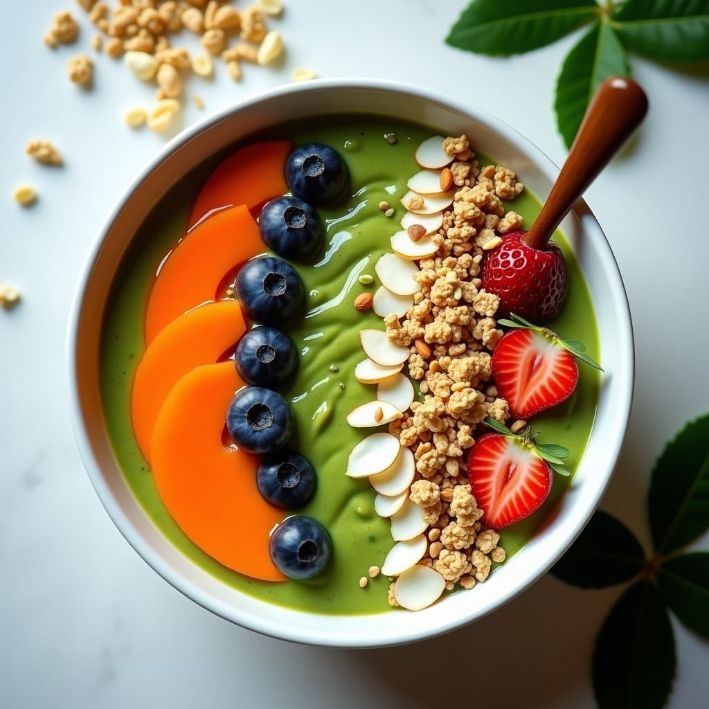 Smoothie bowl de papaya, espinacas y semillas de cáñamo en un bowl blanco, decorado con granola, coco rallado, almendras fileteadas, semillas de sésamo y frutos rojos frescos. Textura cremosa y colores vibrantes.