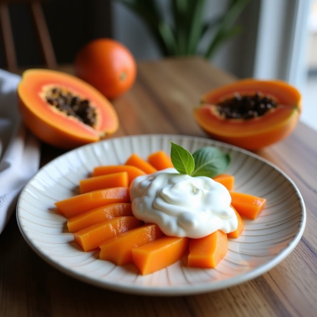 Smoothie bowl danés en un bol blanco hondo, con base cremosa de color naranja claro de papaya y köldskål, decorado con coco rallado, almendras fileteadas, cubos de kiwi verde y semillas de chía negras. Fondo de madera clara con toalla de lino y cuchara de madera.