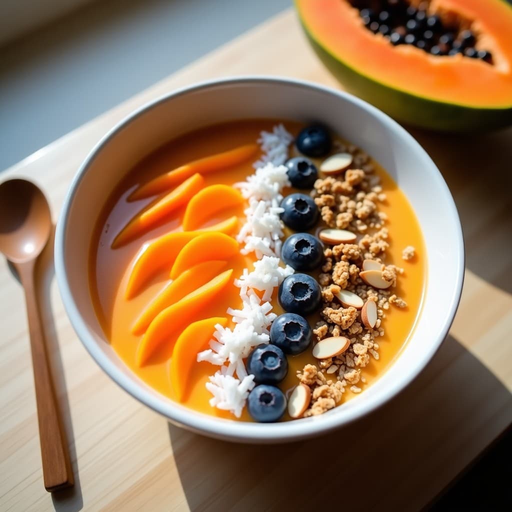 Smoothie Bowl de Papaya y Maca con toppings superfood en un bol blanco hondo, decorado con rodajas de papaya, coco rallado, granola, arándanos y almendras fileteadas sobre un fondo de madera clara.
