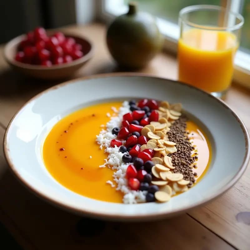Smothie Bowl de Papaya, Maracuyá y Semillas de Sacha Inchi servido en cuenco blanco con toppings de granada, coco rallado, avena y semillas. Desayuno amazónico colorido y saludable.