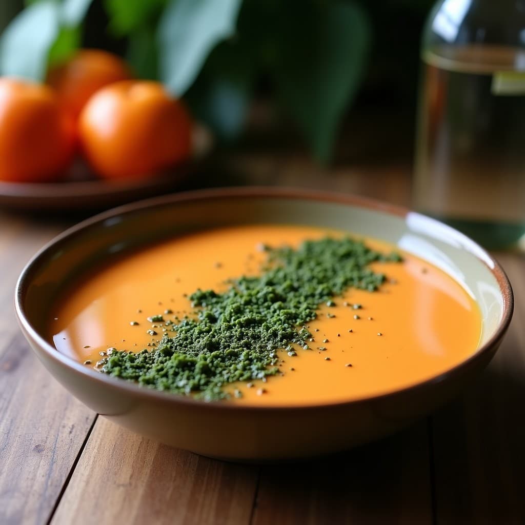 Smoothie bowl de papaya y semillas de calabaza con espirulina en un bol blanco, decorado con copos de avena, semillas de calabaza y trozos de papaya, sobre una mesa de madera con fondo claro.