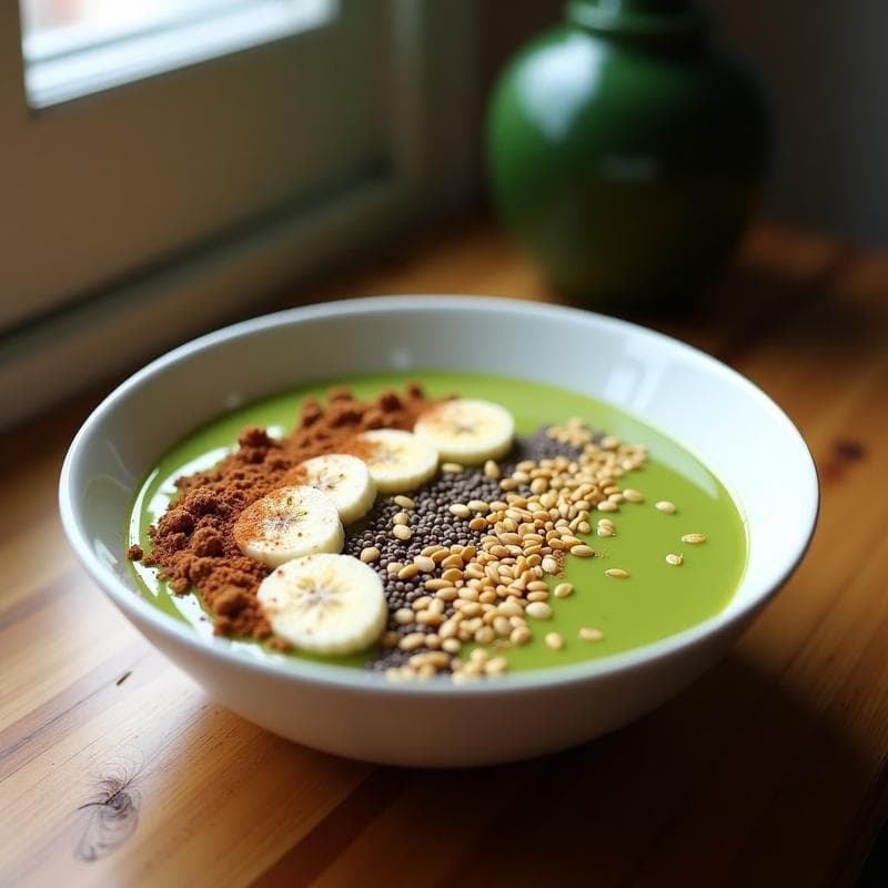 Smoothie Bowl de Peyote y Plátano en bol de cerámica blanca, con base cremosa verde claro, decorado con semillas de chía, lino y girasol, copos de avena y un toque de canela. Desayuno mexicano energizante y detox sobre fondo rústico de madera.