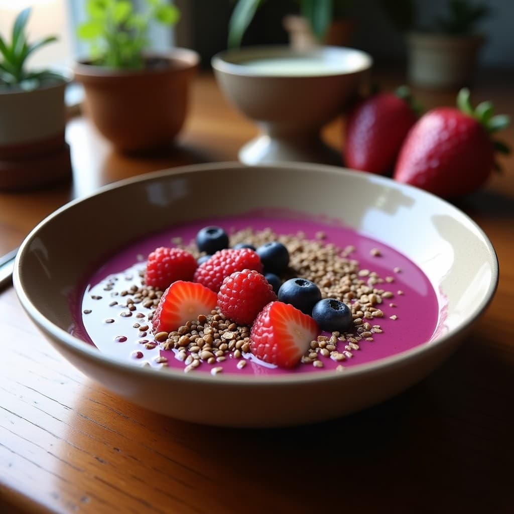 Smothie Bowl de Pitaya y Cacao Puro servido en un bowl blanco con textura cremosa rosa y marrón, decorado con granola de almendras, coco rallado, frambuesas frescas y hojas de menta. Desayuno antioxidante y sin lácteos.