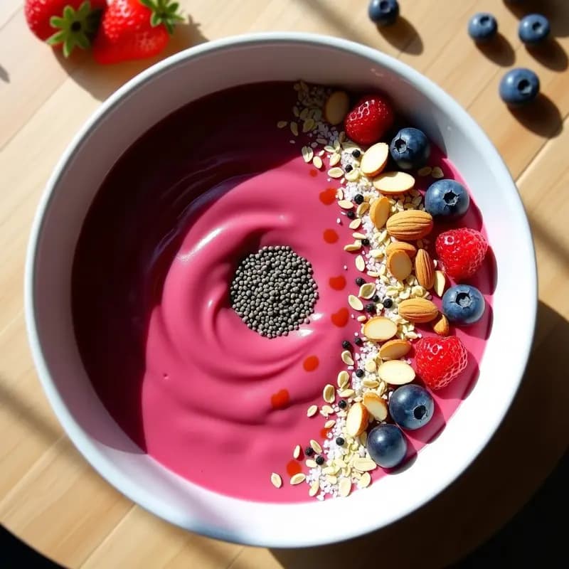 Smoothie Bowl de Pitaya y Chía en bol blanco con base rosa vibrante, gelatina de chía en el centro, frutos rojos congelados brillantes, copos de avena, coco rallado y almendras fileteadas. Textura cremosa con toppings crujientes sobre fondo claro.