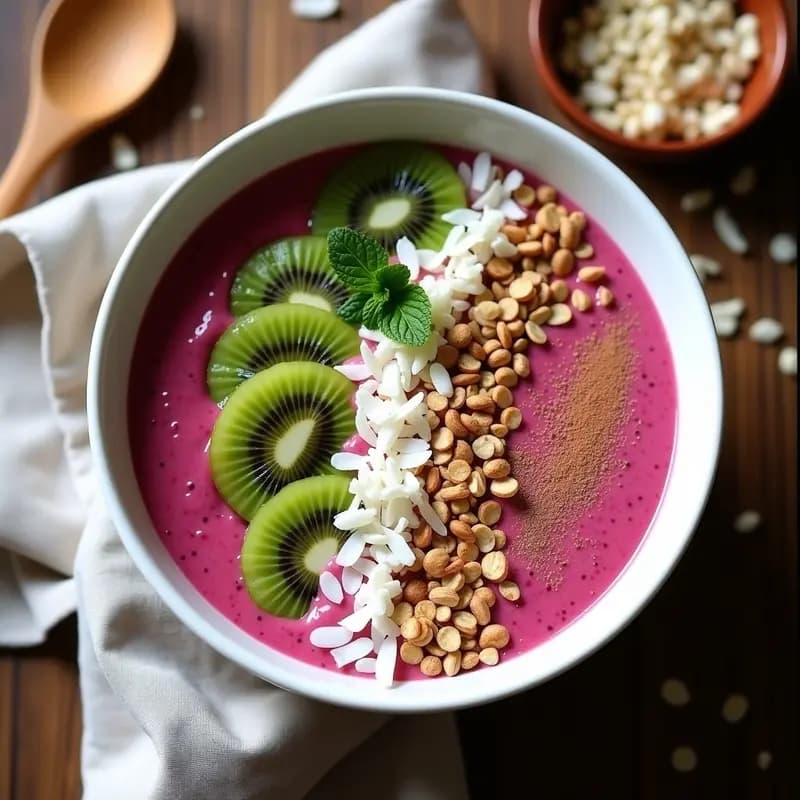 Smoothie bowl de pitaya y chía con granola sin azúcar servido en un bol blanco sobre fondo de madera. La mezcla es rosa vibrante con textura cremosa, decorada con granola dorada, coco rallado y almendras fileteadas. Desayuno europeo saludable y colorido.