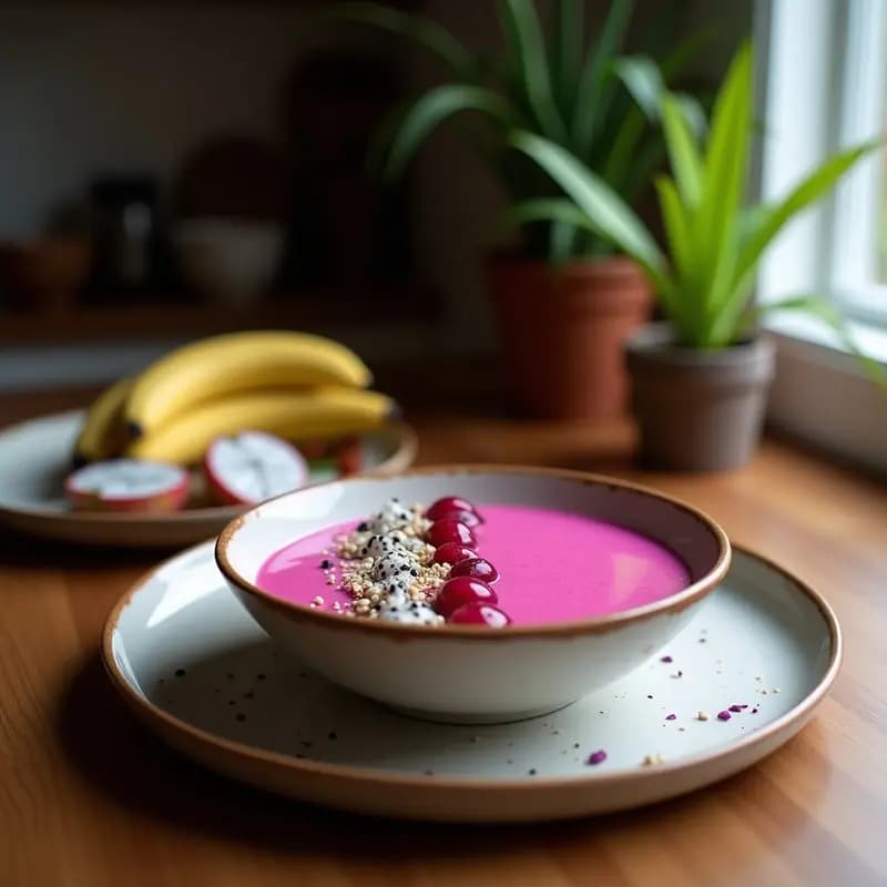 Smoothie bowl de pitaya y coco brasileño en un bol blanco, con base de coco rallado, semillas de chía, arándanos frescos y hojas de menta, sobre fondo de madera rústica.