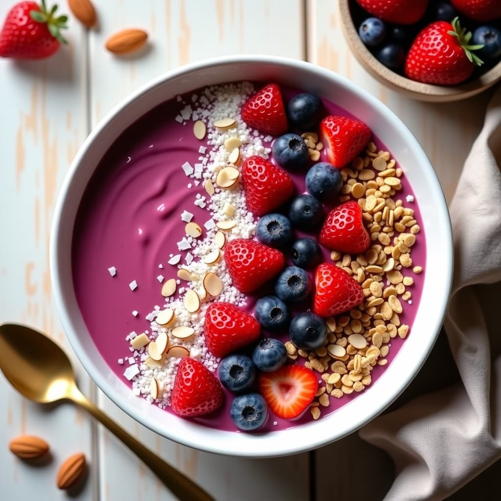 Bowl blanco con smoothie bowl de pitaya y frutos rojos, base rosa vibrante decorada con granola, coco rallado, almendras fileteadas, arándanos y fresas en rodajas, sobre fondo de madera clara.
