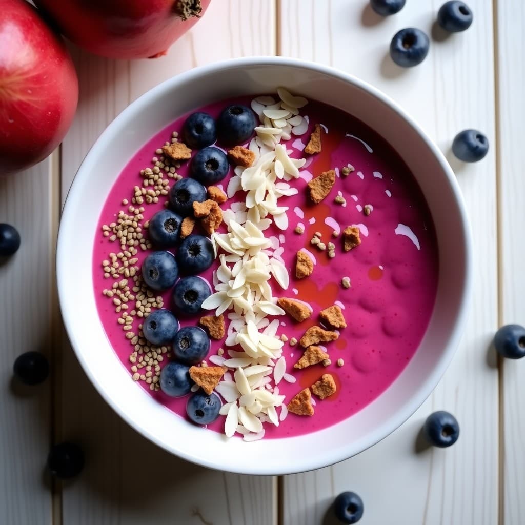 Smoothie Bowl de Pitaya y Granada con Semillas de Amapola servido en un bol blanco, con una base rosa vibrante de pitaya y granada, decorado con semillas de amapola, coco rallado, hojuelas de almendra y un hilo de miel de agave. Desayuno antioxidante colorido y nutritivo.