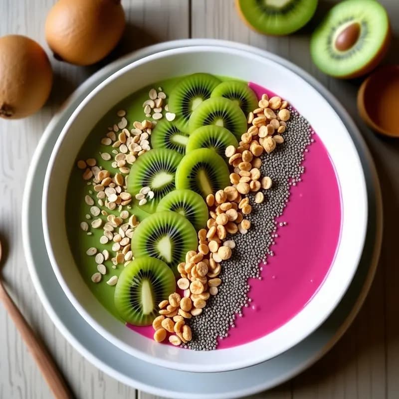 Smoothie bowl vibrante con base rosada de pitaya y kiwi, coronado con granola crujiente de semillas, rodajas de kiwi y semillas de chía, servido en un bol blanco sobre fondo de madera clara.
